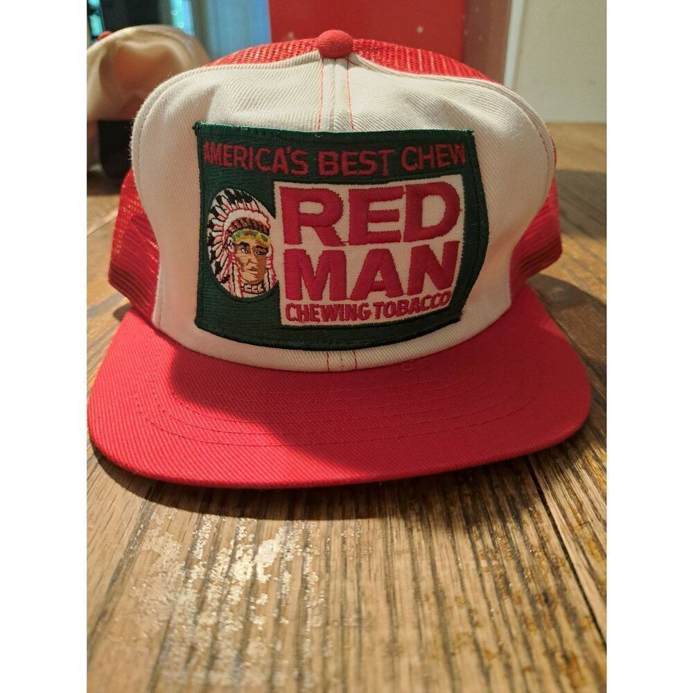Vintage Red Man Chewing Tobacco Swingster Trucker Hat White Red Green Adjustable